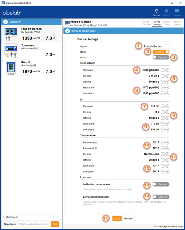 Device Settings Explained in Bluelab Connect Software Pro Controller